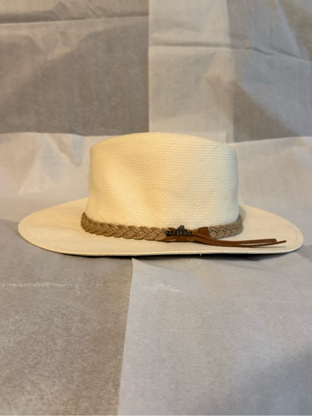 Stefano Brand Cream Straw Fedora Hat with Braided Tan Band